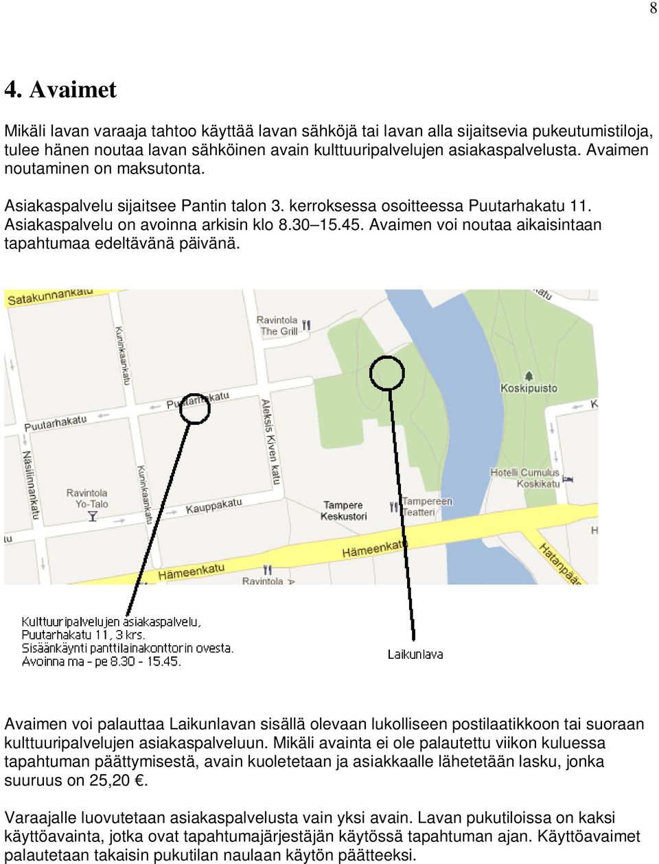 Avaimen voi noutaa aikaisintaan tapahtumaa edeltävänä päivänä. Avaimen voi palauttaa Laikunlavan sisällä olevaan lukolliseen postilaatikkoon tai suoraan kulttuuripalvelujen asiakaspalveluun.