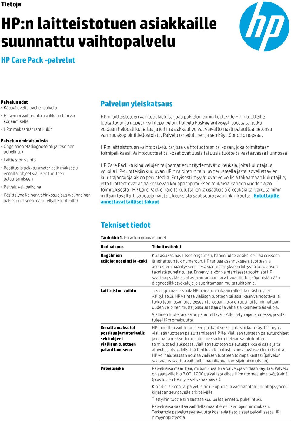 Palvelu vakioaikoina Käsittelynaikainen vahinkosuojaus (valinnainen palvelu erikseen määritellyille tuotteille) Palvelun yleiskatsaus HP:n laitteistotuen vaihtopalvelu tarjoaa palvelun piiriin