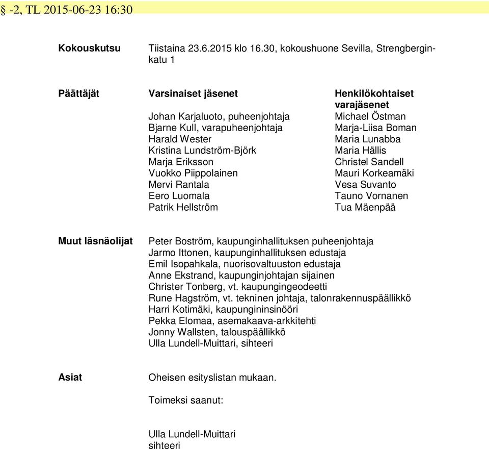 Harald Wester Maria Lunabba Kristina Lundström-Björk Maria Hällis Marja Eriksson Christel Sandell Vuokko Piippolainen Mauri Korkeamäki Mervi Rantala Vesa Suvanto Eero Luomala Tauno Vornanen Patrik