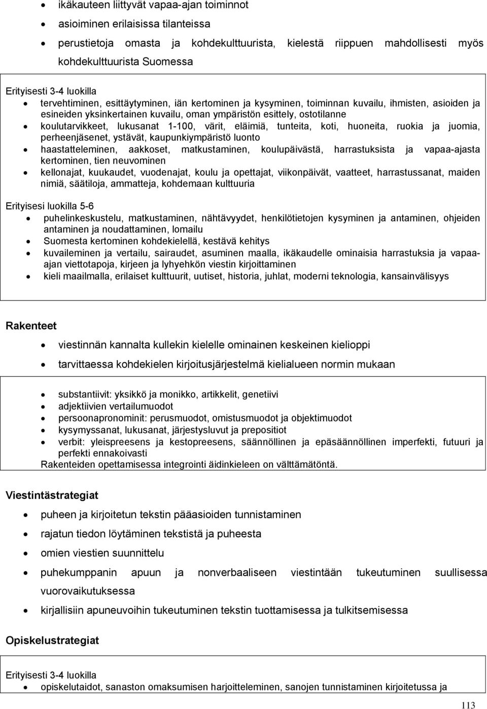 lukusanat 1-100, värit, eläimiä, tunteita, koti, huoneita, ruokia ja juomia, perheenjäsenet, ystävät, kaupunkiympäristö luonto haastatteleminen, aakkoset, matkustaminen, koulupäivästä, harrastuksista