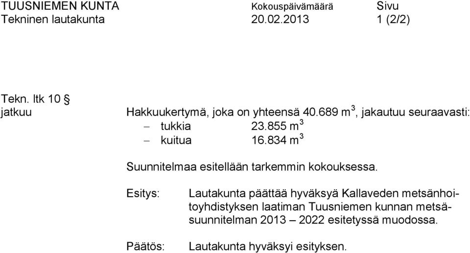 689 m 3, jakautuu seuraavasti: tukkia 23.855 m 3 kuitua 16.