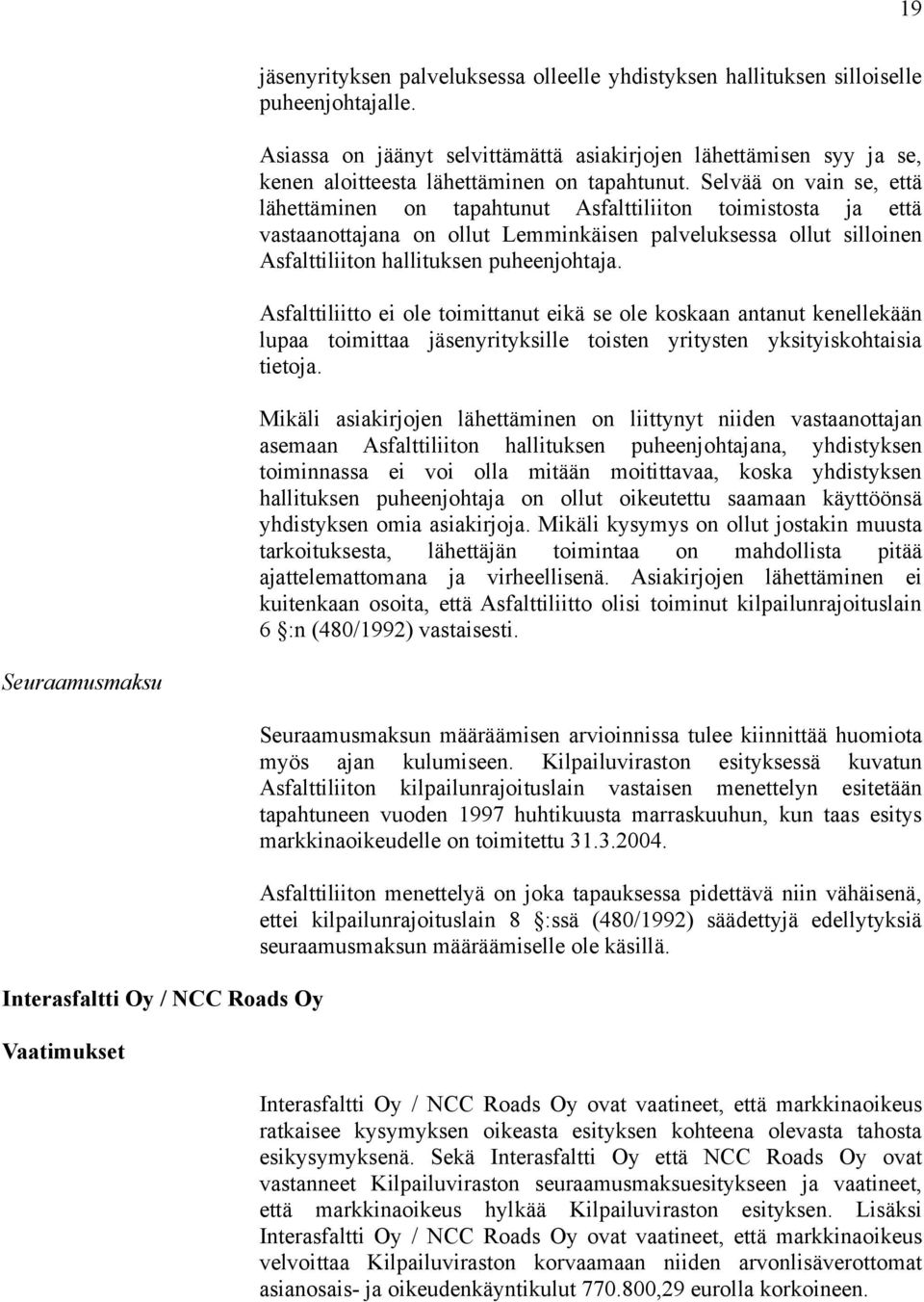 Selvää on vain se, että lähettäminen on tapahtunut Asfalttiliiton toimistosta ja että vastaanottajana on ollut Lemminkäisen palveluksessa ollut silloinen Asfalttiliiton hallituksen puheenjohtaja.