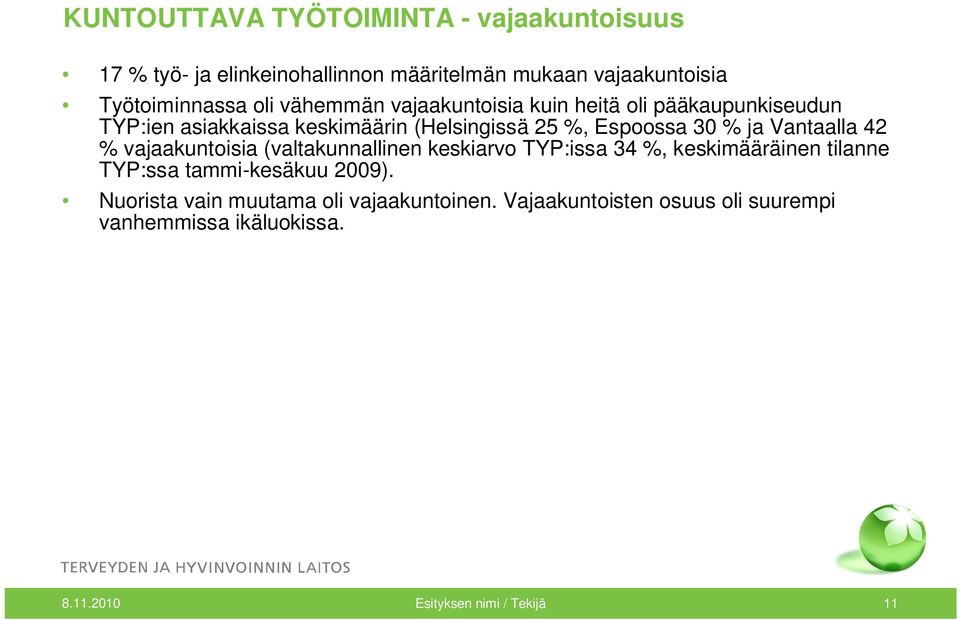 Vantaalla 42 % vajaakuntoisia (valtakunnallinen keskiarvo TYP:issa 34 %, keskimääräinen tilanne TYP:ssa tammi-kesäkuu 2009).