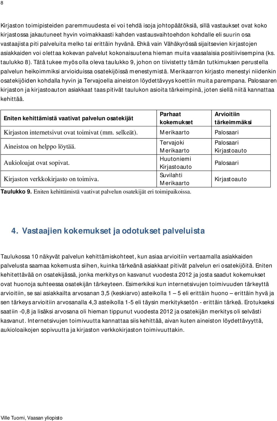Ehkä vain Vähäkyrössä sijaitsevien kirjastojen asiakkaiden voi olettaa kokevan palvelut kokonaisuutena hieman muita vaasalaisia positiivisempina (ks. taulukko 8).