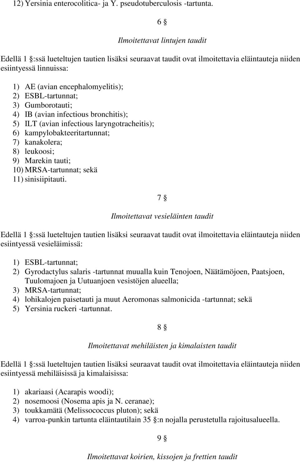 laryngotracheitis); 6) kampylobakteeritartunnat; 7) kanakolera; 8) leukoosi; 9) Marekin tauti; 10) MRSA-tartunnat; sekä 11) sinisiipitauti.