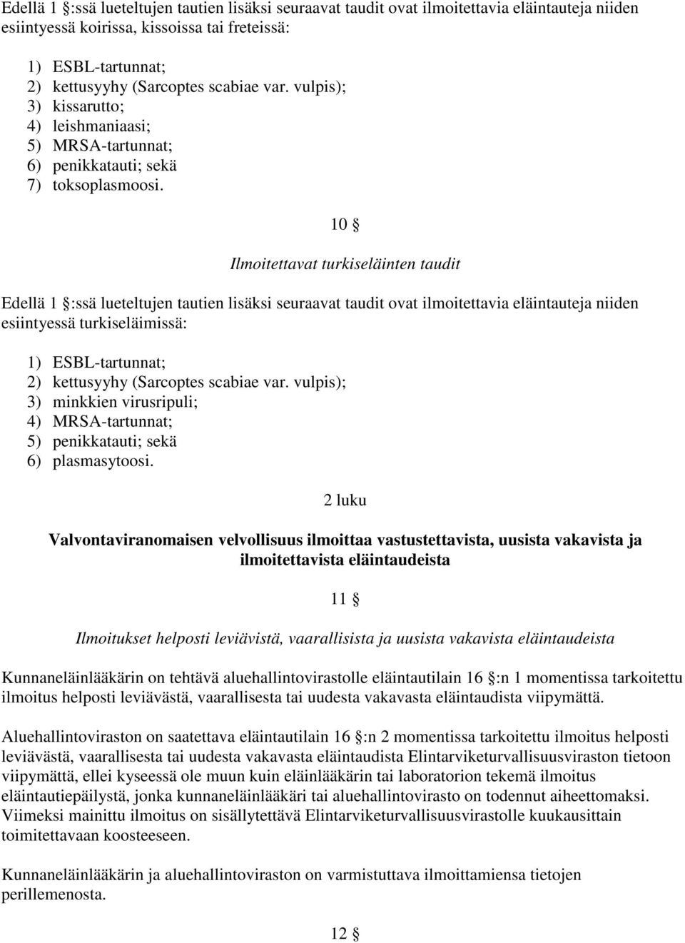 10 Ilmoitettavat turkiseläinten taudit esiintyessä turkiseläimissä: 1) ESBL-tartunnat; 2) kettusyyhy (Sarcoptes scabiae var.