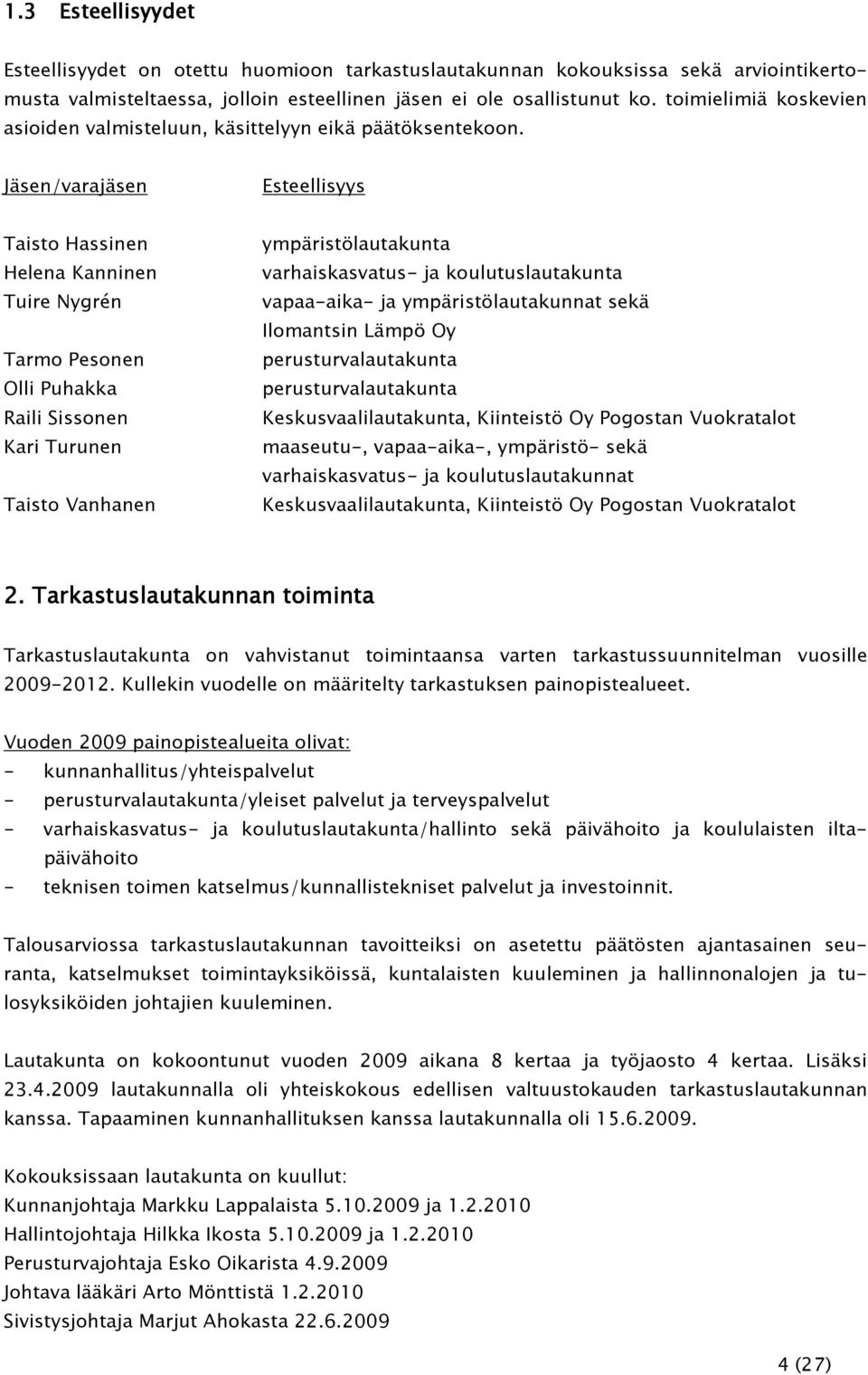 Jäsen/varajäsen Esteellisyys Taisto Hassinen Helena Kanninen Tuire Nygrén Tarmo Pesonen Olli Puhakka Raili Sissonen Kari Turunen Taisto Vanhanen ympäristölautakunta varhaiskasvatus- ja