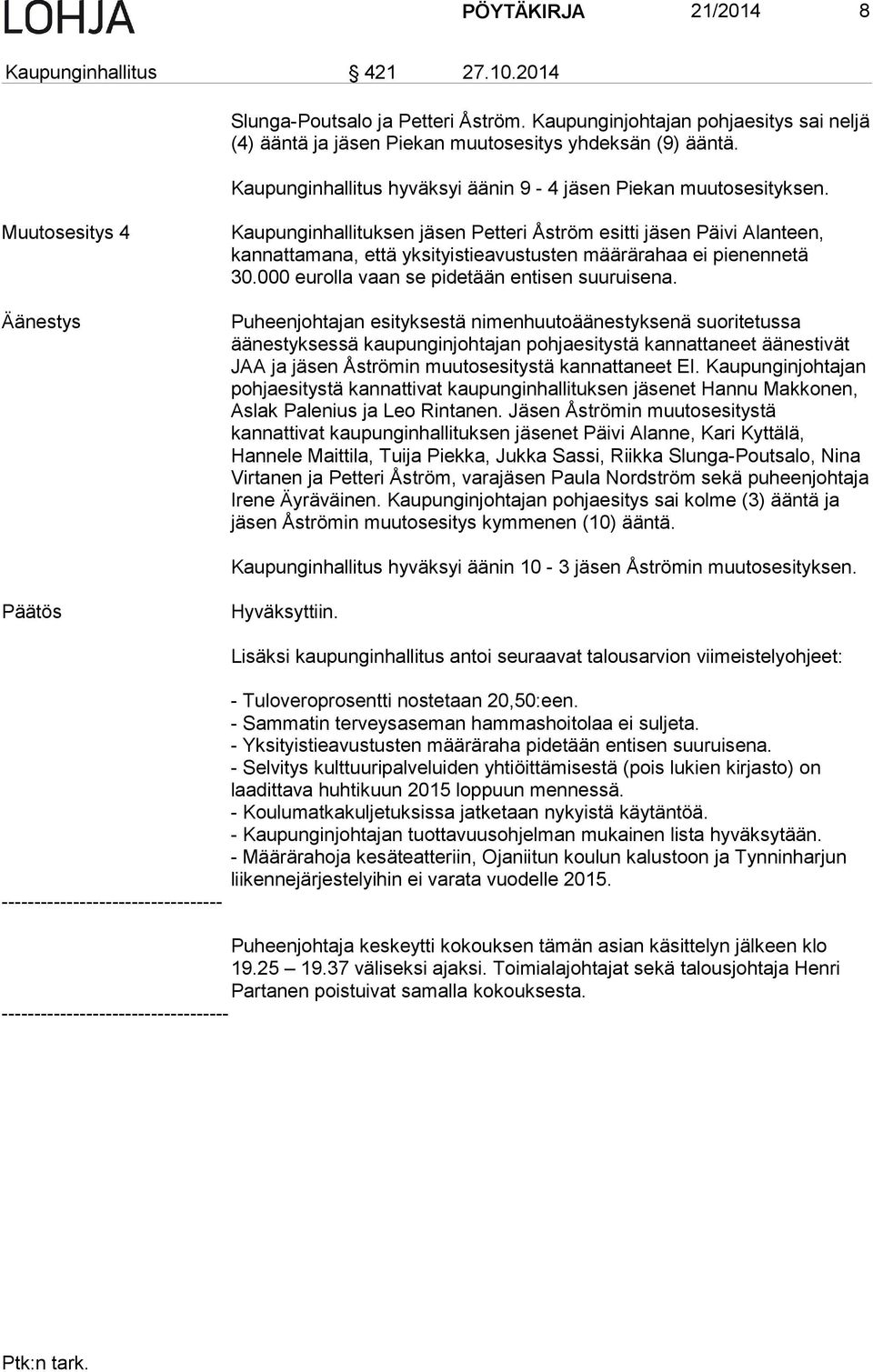 Muutosesitys 4 Äänestys Kaupunginhallituksen jäsen Petteri Åström esitti jäsen Päivi Alanteen, kannattamana, että yksityistieavustusten määrärahaa ei pienennetä 30.