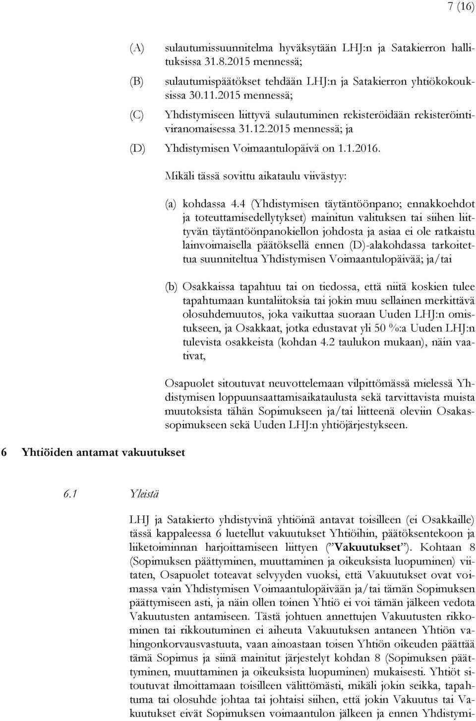 2015 mennessä; ja (D) Yhdistymisen Voimaantulopäivä on 1.1.2016. Mikäli tässä sovittu aikataulu viivästyy: (a) kohdassa 4.