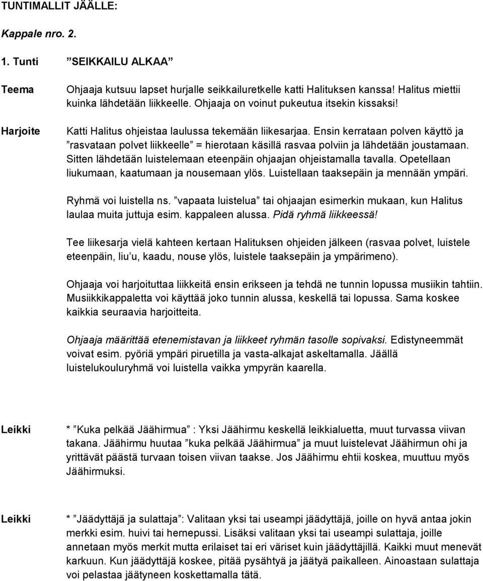 Ensin kerrataan polven käyttö ja rasvataan polvet liikkeelle = hierotaan käsillä rasvaa polviin ja lähdetään joustamaan. Sitten lähdetään luistelemaan eteenpäin ohjaajan ohjeistamalla tavalla.