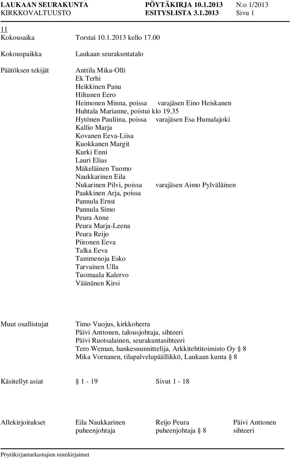 35 Hytönen Pauliina, poissa varajäsen Esa Humalajoki Kallio Marja Kovanen Eeva-Liisa Kuokkanen Margit Kurki Enni Lauri Elias Mäkeläinen Tuomo Naukkarinen Eila Nukarinen Pilvi, poissa varajäsen Aimo