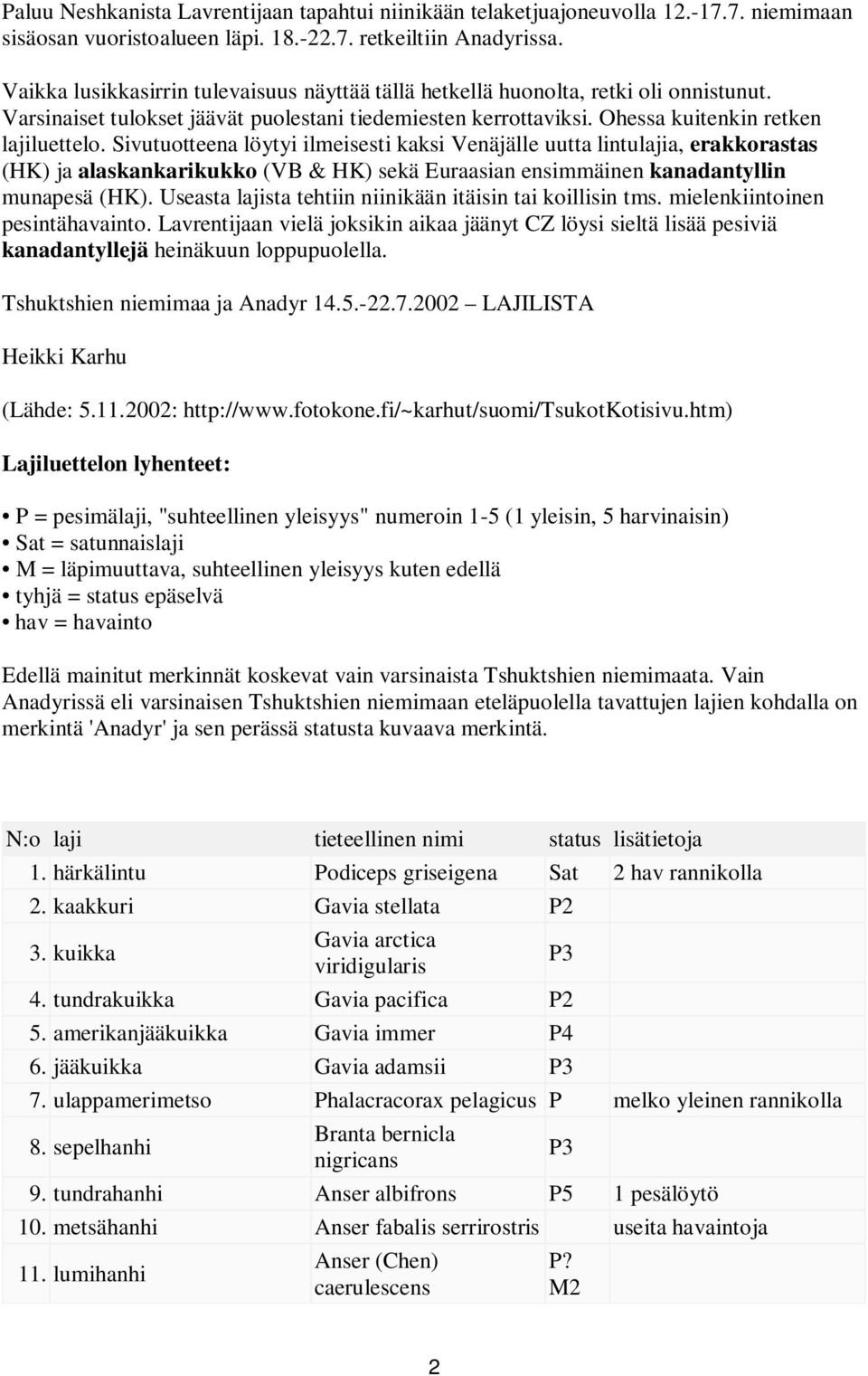 Sivutuotteena löytyi ilmeisesti kaksi Venäjälle uutta lintulajia, erakkorastas (HK) ja alaskankarikukko (VB & HK) sekä Euraasian ensimmäinen kanadantyllin munapesä (HK).