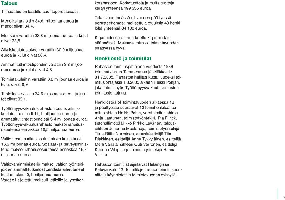 Toimintakuluihin varattiin 0,8 miljoonaa euroa ja kulut olivat 0,9. Tuotoiksi arvioitiin 34,6 miljoonaa euroa ja tuotot olivat 33,1.