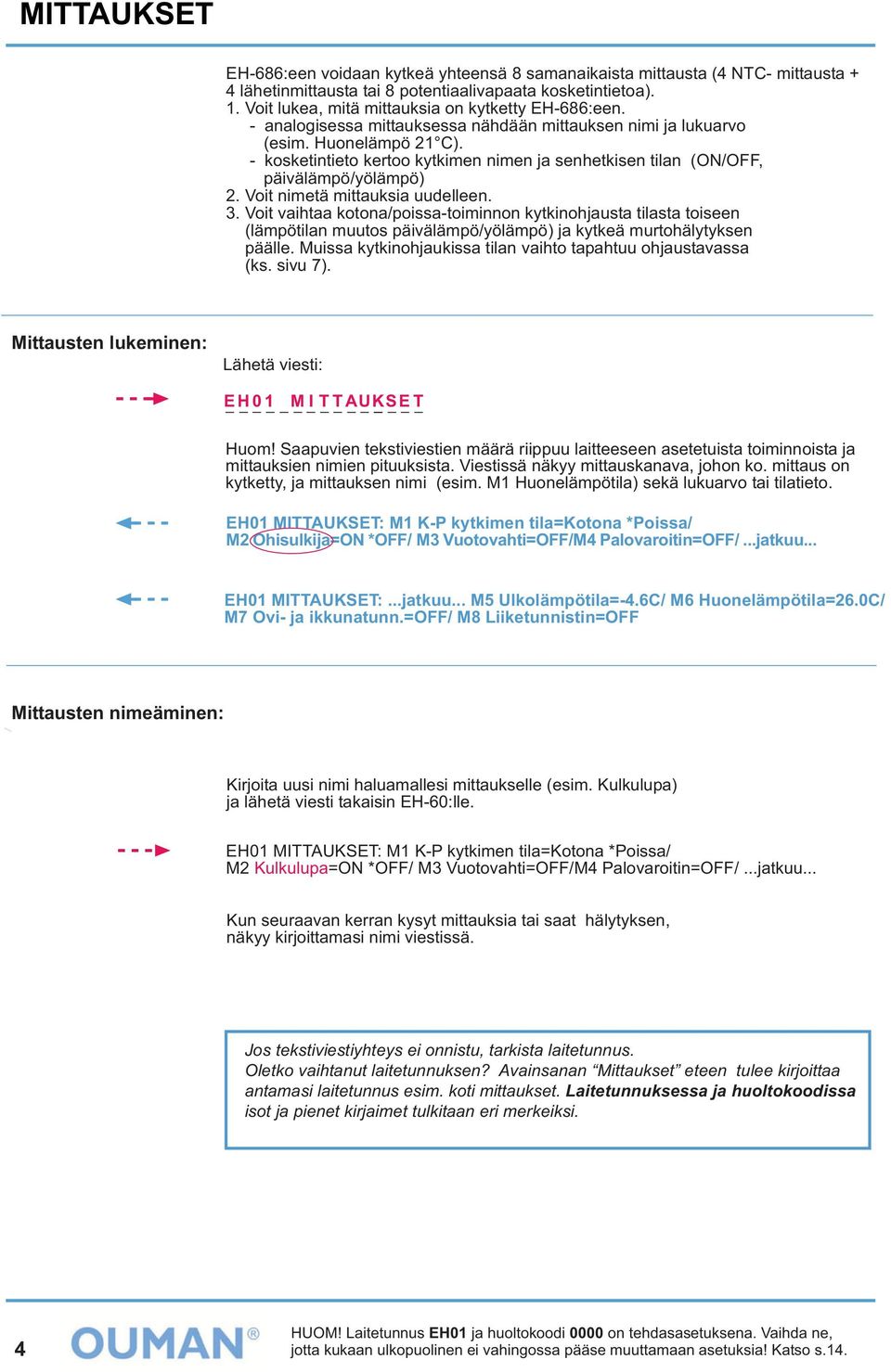 - kosketintieto kertoo kytkimen nimen ja senhetkisen tilan (ON/OFF, päivälämpö/yölämpö) 2. Voit nimetä mittauksia uudelleen. 3.