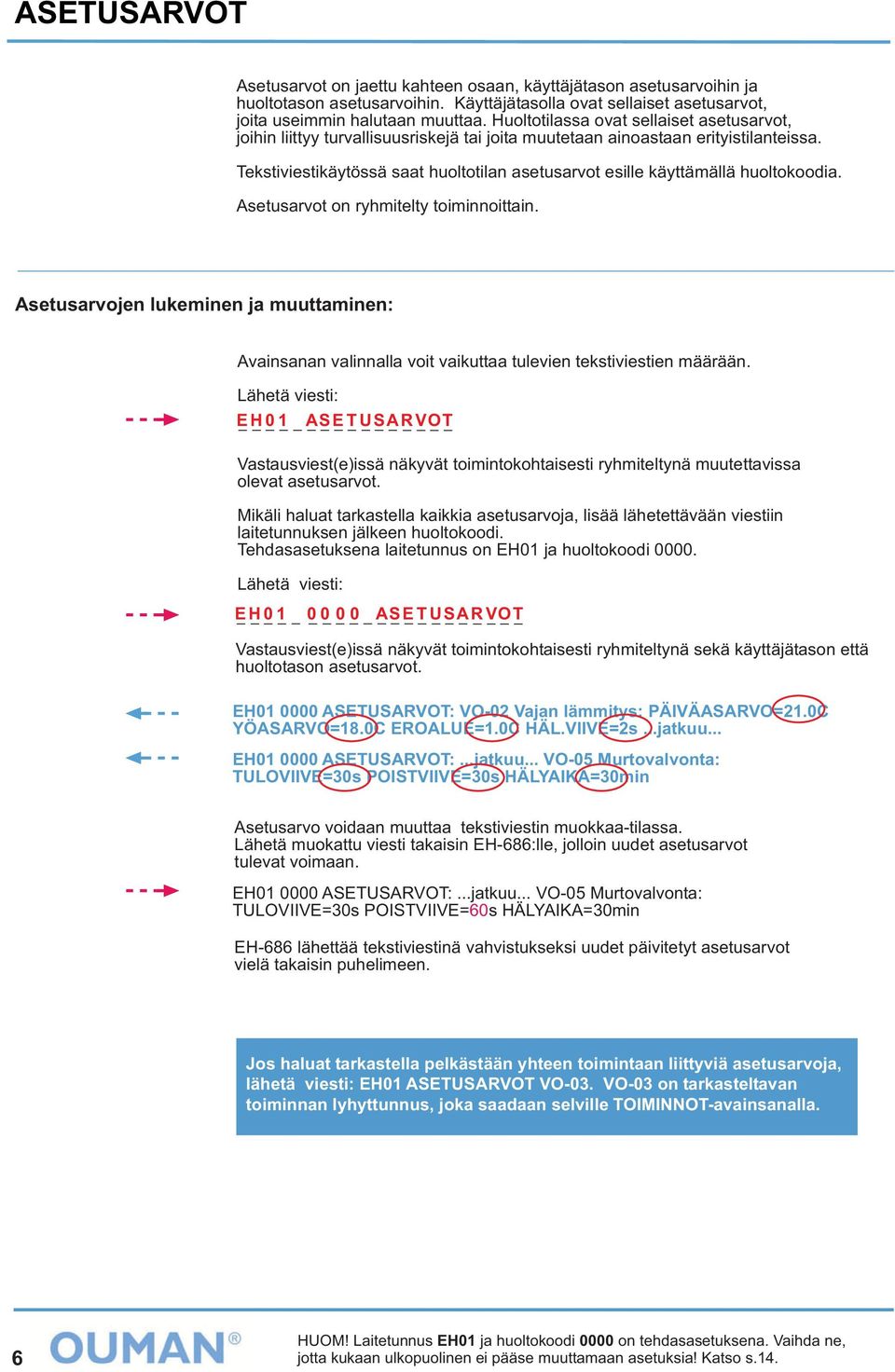 Tekstiviestikäytössä saat huoltotilan asetusarvot esille käyttämällä huoltokoodia. Asetusarvot on ryhmitelty toiminnoittain.