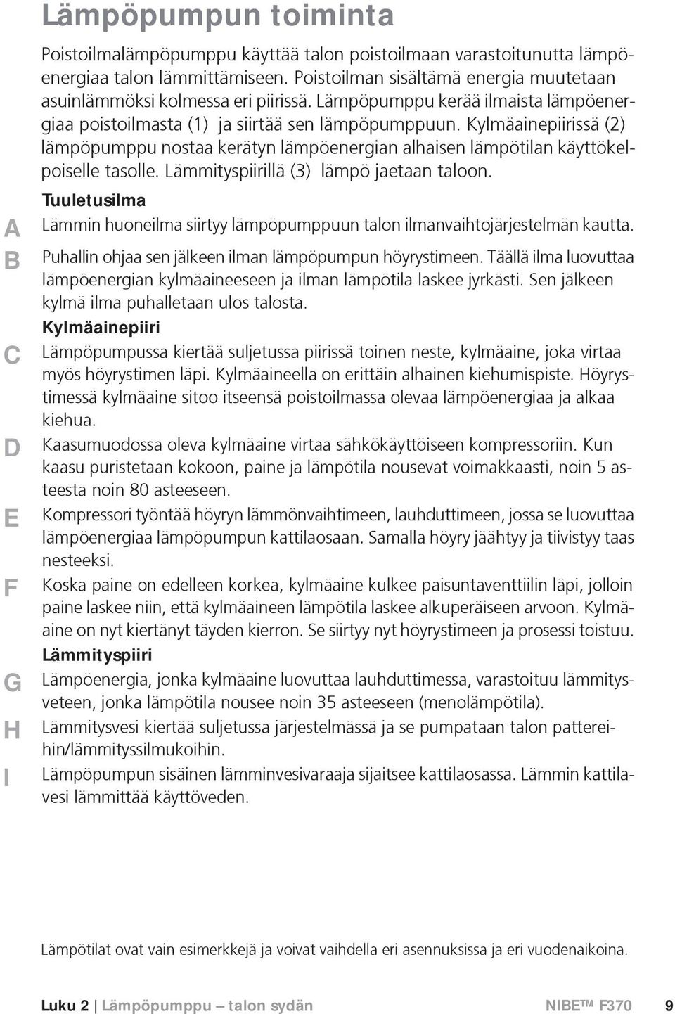 Kylmäainepiirissä (2) lämpöpumppu nostaa kerätyn lämpöenergian alhaisen lämpötilan käyttökelpoiselle tasolle. Lämmityspiirillä (3) lämpö jaetaan taloon.