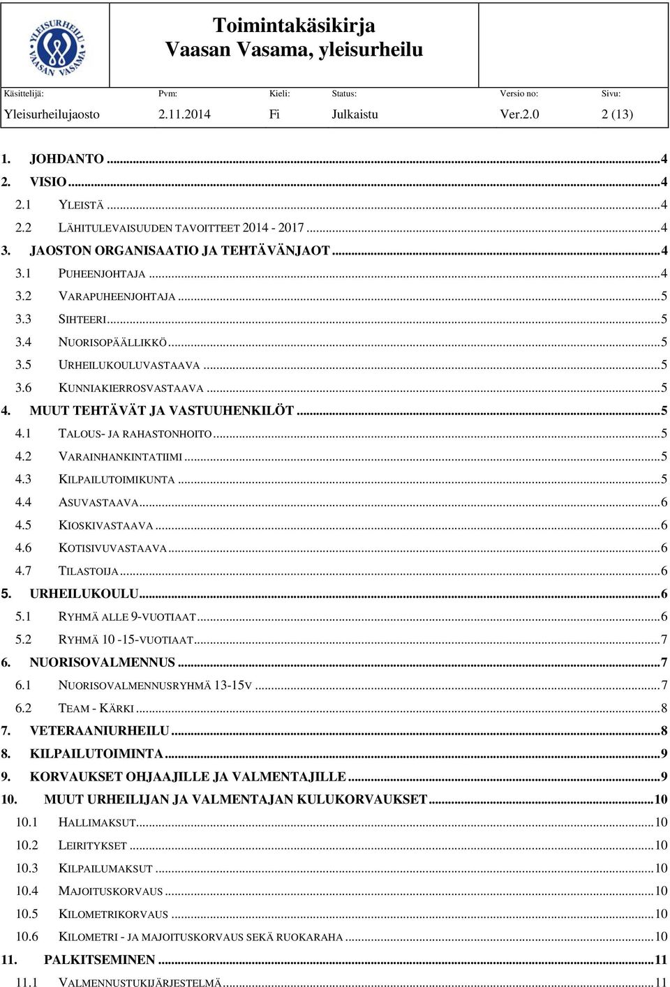 .. 5 4.3 KILPAILUTOIMIKUNTA... 5 4.4 ASUVASTAAVA... 6 4.5 KIOSKIVASTAAVA... 6 4.6 KOTISIVUVASTAAVA... 6 4.7 TILASTOIJA... 6 5. URHEILUKOULU... 6 5.1 RYHMÄ ALLE 9-VUOTIAAT... 6 5.2 RYHMÄ 10-15-VUOTIAAT.