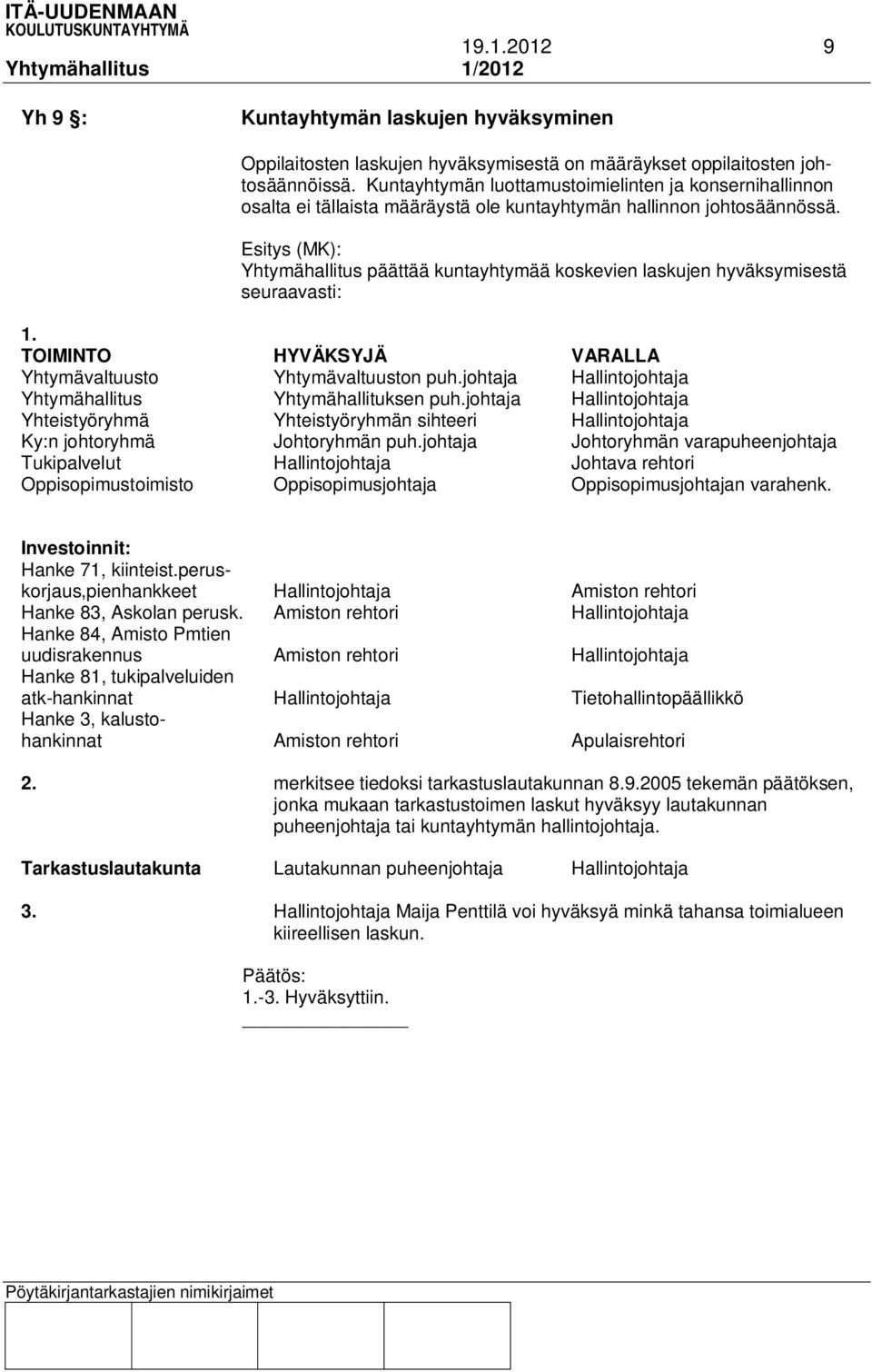 Esitys (MK): Yhtymähallitus päättää kuntayhtymää koskevien laskujen hyväksymisestä seuraavasti: 1. TOIMINTO HYVÄKSYJÄ VARALLA Yhtymävaltuusto Yhtymävaltuuston puh.