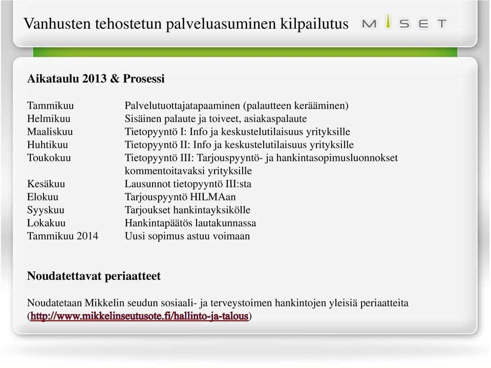 keskustelutilaisuus yrityksille Tietopyyntö III: Tarjouspyyntö- ja hankintasopimusluonnokset kommentoitavaksi yrityksille Lausunnot tietopyyntö III:sta Tarjouspyyntö HILMAan