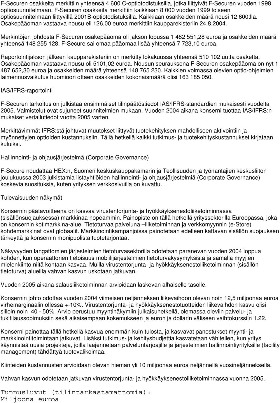 Osakepääoman vastaava nousu eli 126,00 euroa merkittiin kaupparekisteriin 24.8.2004.