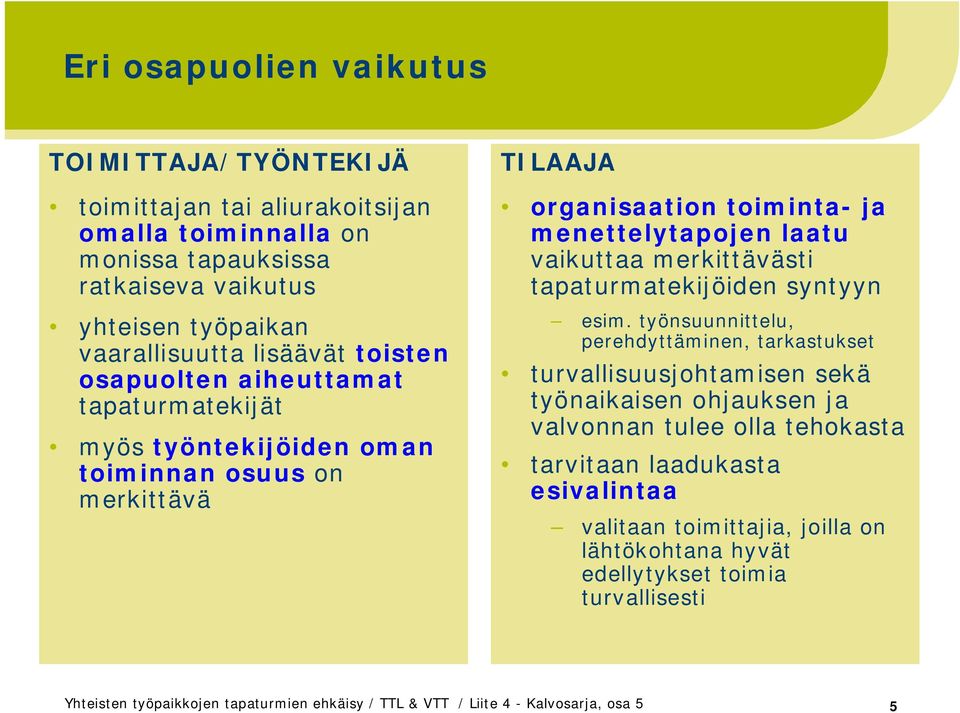 menettelytapojen laatu vaikuttaa merkittävästi tapaturmatekijöiden syntyyn esim.