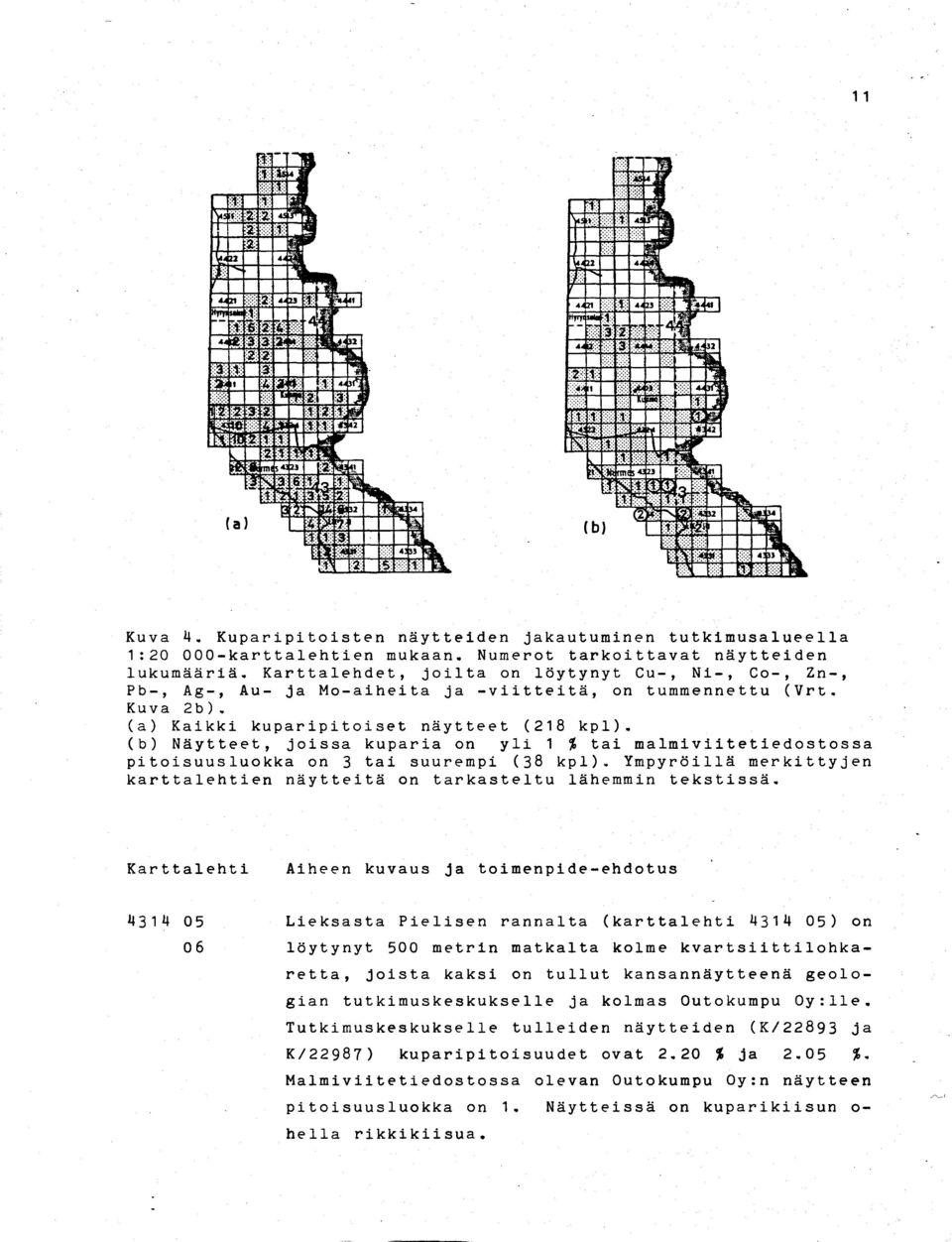 (b) Näytteet, joissa kuparia on yli 1 % tai malmiviitetiedostoss a pitoisuusluokka on 3 tai suurempi (38 kpl). Ympyröillä merkittyje n karttalehtien näytteitä on tarkasteltu lähemmin tekstissä.