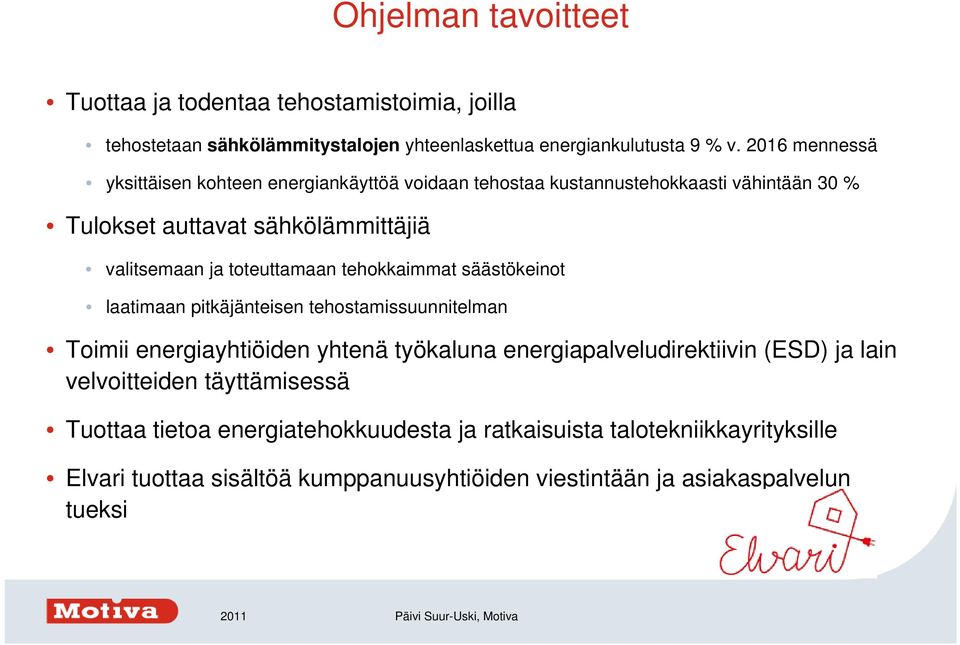 toteuttamaan tehokkaimmat säästökeinot laatimaan pitkäjänteisen tehostamissuunnitelman Toimii energiayhtiöiden yhtenä työkaluna energiapalveludirektiivin (ESD)