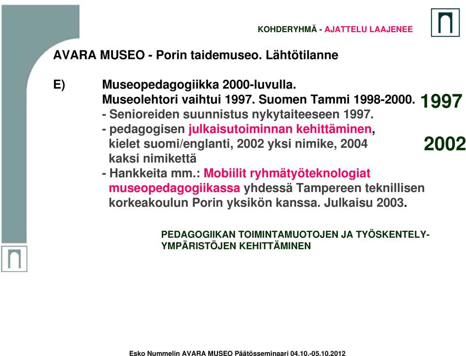 - pedagogisen julkaisutoiminnan kehittäminen, kielet suomi/englanti, 2002 yksi nimike, 2004 kaksi nimikettä - Hankkeita mm.