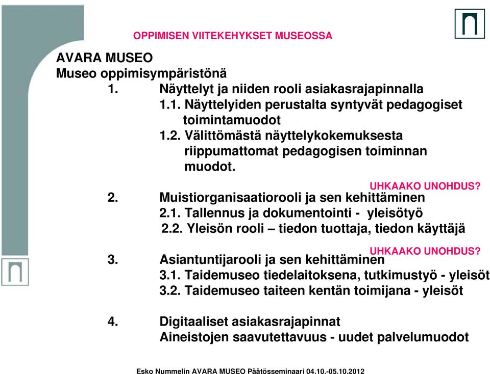 Tallennus ja dokumentointi - yleisötyö 2.2. Yleisön rooli tiedon tuottaja, tiedon käyttäjä UHKAAKO UNOHDUS? 3. Asiantuntijarooli ja sen kehittäminen 3.1.