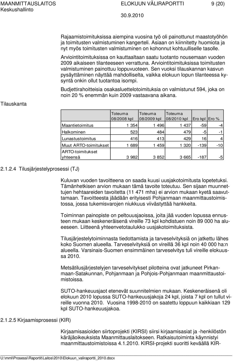 Arviointitoimituksissa on kauttaaltaan saatu tuotanto nousemaan vuoden 2009 aikaiseen tilanteeseen verrattuna. Arviointitoimituksissa toimitusten valmistuminen painottuu loppuvuoteen.