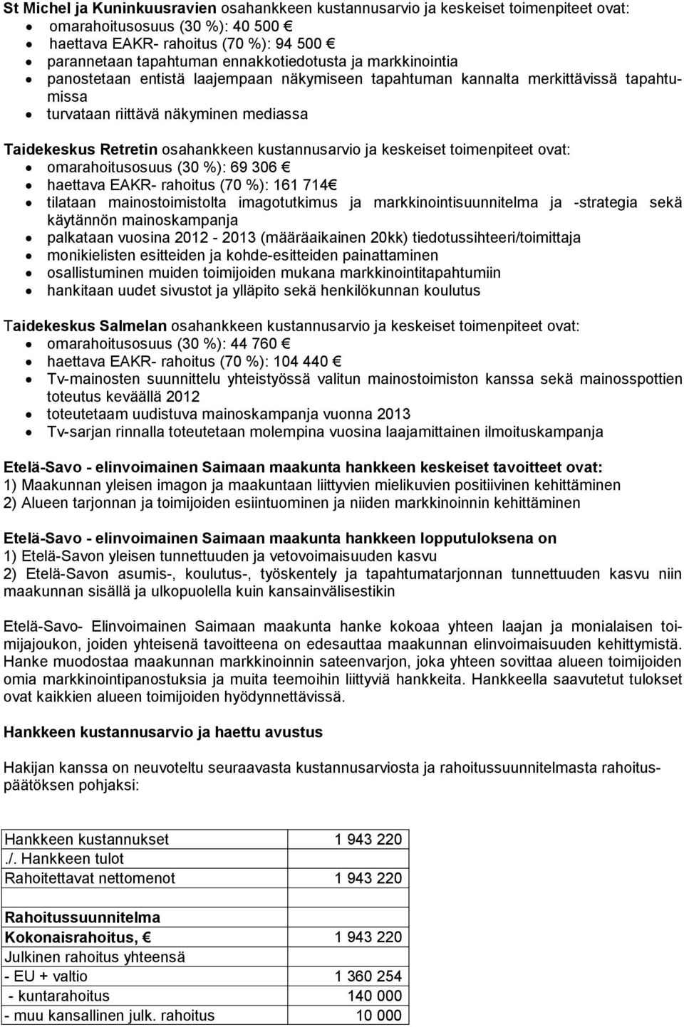 keskeiset toimenpiteet ovat: omarahoitusosuus (30 %): 69 306 haettava EAKR- rahoitus (70 %): 161 714 tilataan mainostoimistolta imagotutkimus ja markkinointisuunnitelma ja -strategia sekä käytännön