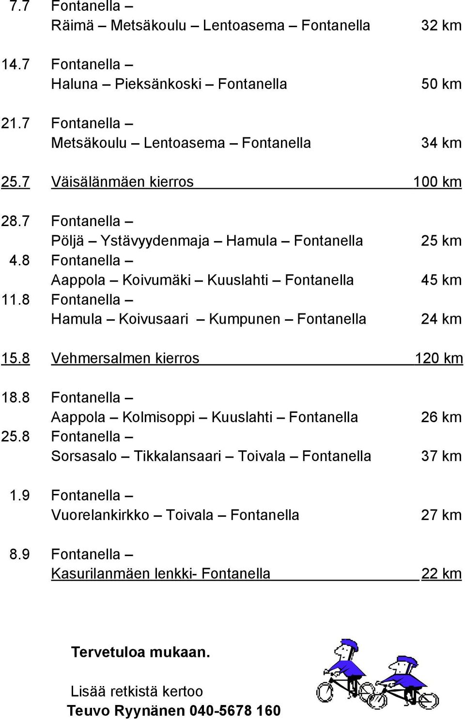 8 Fontanella Hamula Koivusaari Kumpunen Fontanella 25 km 45 km 24 km 15.8 Vehmersalmen kierros 120 km 18.8 Fontanella Aappola Kolmisoppi Kuuslahti Fontanella 25.