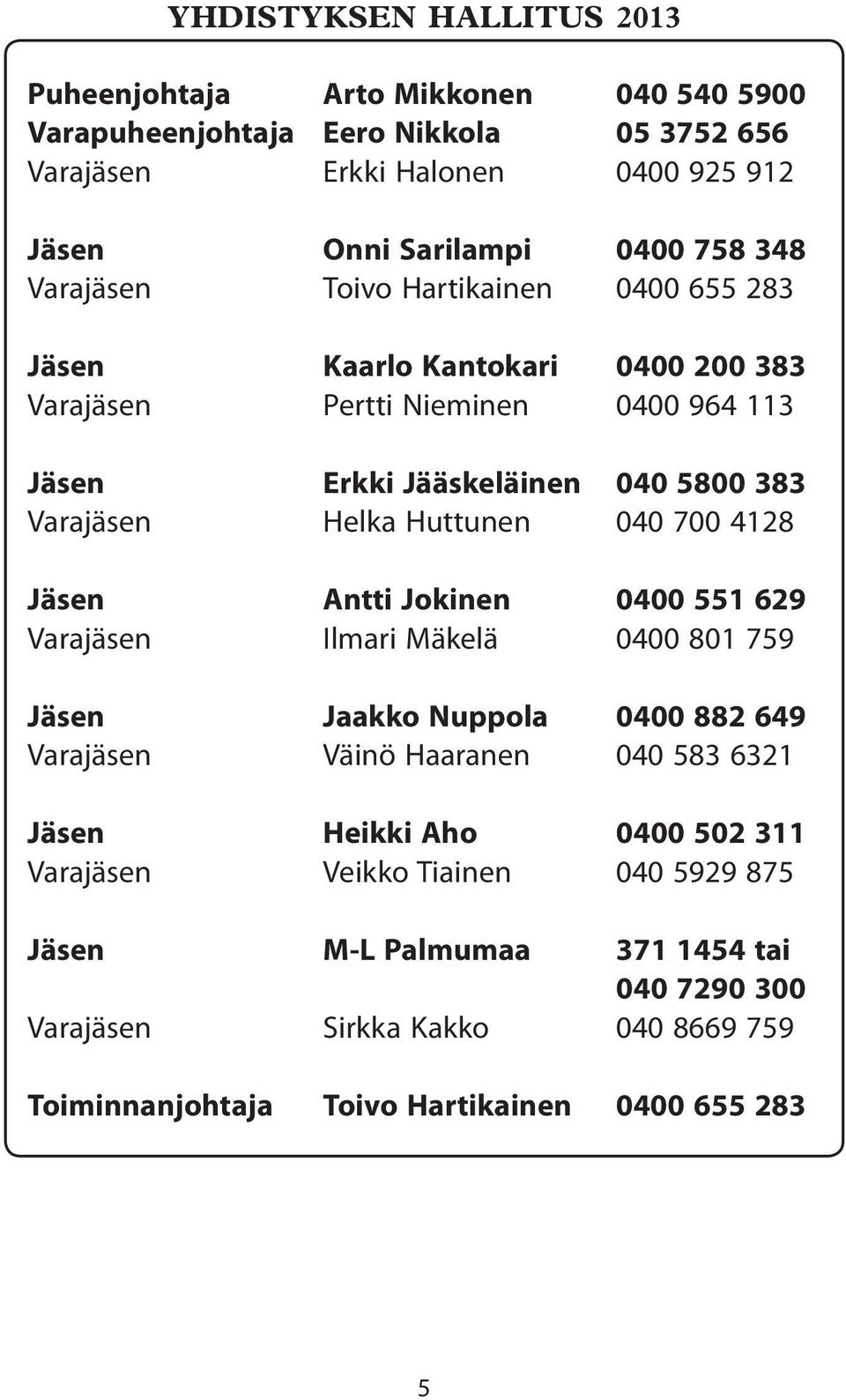 Huttunen 040 700 4128 Jäsen Antti Jokinen 0400 551 629 Varajäsen Ilmari Mäkelä 0400 801 759 Jäsen Jaakko Nuppola 0400 882 649 Varajäsen Väinö Haaranen 040 583 6321 Jäsen Heikki