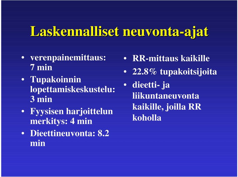 merkitys: 4 min Dieettineuvonta: 8.2 min RR-mittaus kaikille 22.