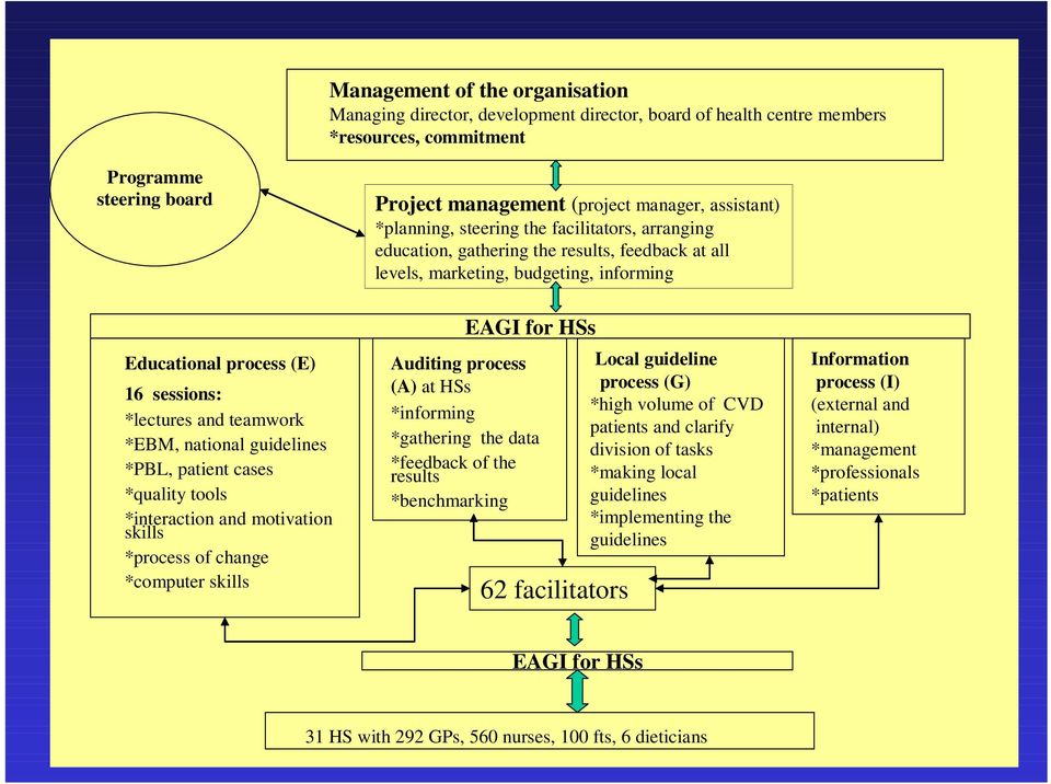 *EBM, national guidelines *PBL, patient cases *quality tools *interaction and motivation skills *process of change *computer skills EAGI for HSs Auditing process (A) at HSs *informing *gathering the