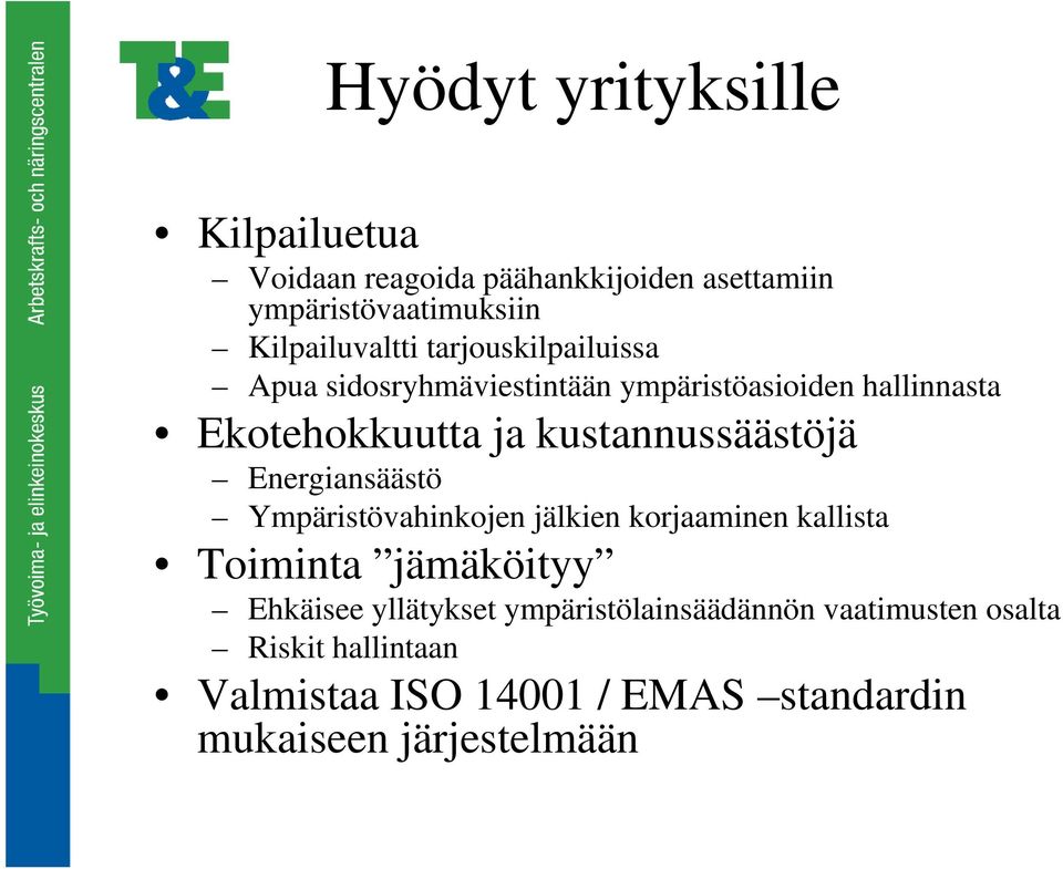 Energiansäästö Ympäristövahinkojen jälkien korjaaminen kallista Toiminta jämäköityy Ehkäisee yllätykset