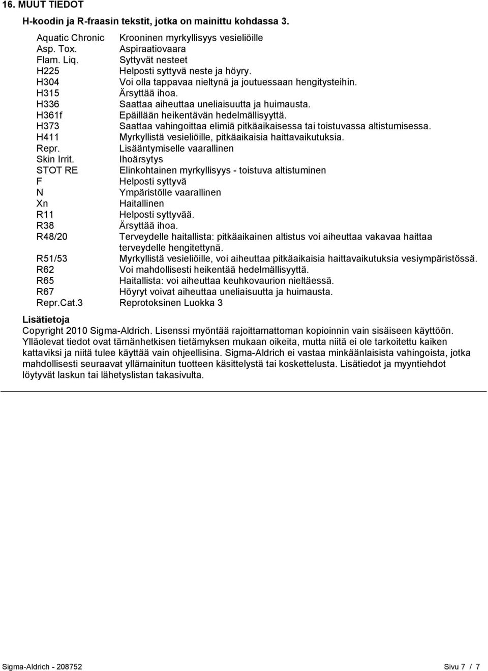 H361f Epäillään heikentävän hedelmällisyyttä. H373 Saattaa vahingoittaa elimiä pitkäaikaisessa tai toistuvassa altistumisessa. H411 Myrkyllistä vesieliöille, pitkäaikaisia haittavaikutuksia. Repr.