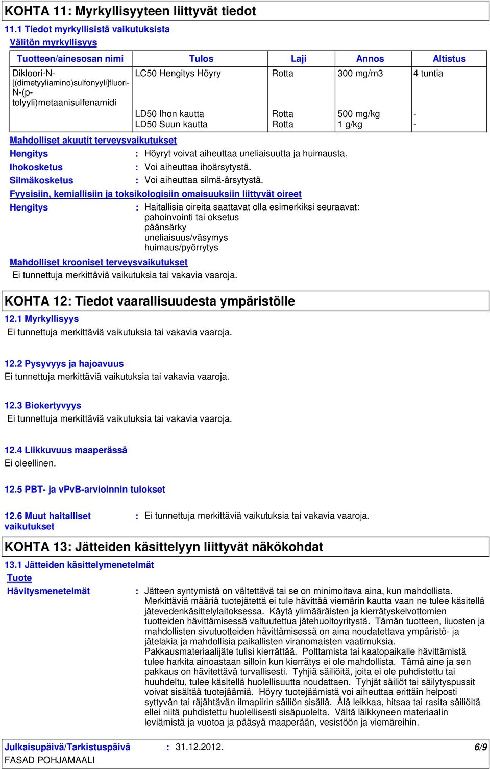 akuutit terveysvaikutukset Ihokosketus Silmäkosketus Mahdolliset krooniset terveysvaikutukset LC50 Höyry Rotta 300 mg/m3 4 tuntia LD50 Ihon kautta Rotta 500 mg/kg - LD50 Suun kautta Rotta 1 g/kg -