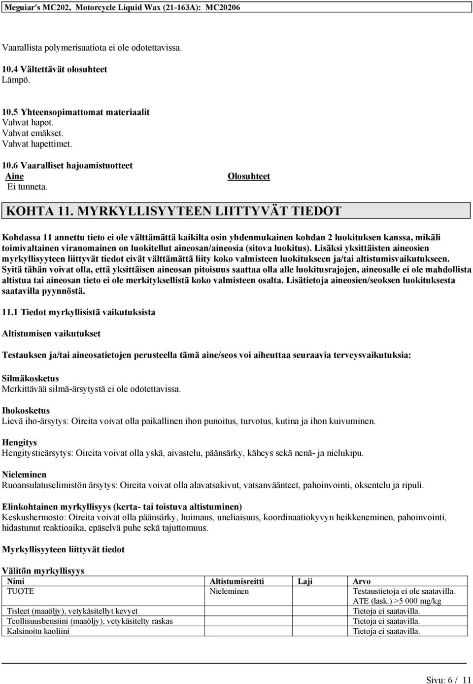 MYRKYLLISYYTEEN LIITTYVÄT TIEDOT Kohdassa 11 annettu tieto ei ole välttämättä kaikilta osin yhdenmukainen kohdan 2 luokituksen kanssa, mikäli toimivaltainen viranomainen on luokitellut