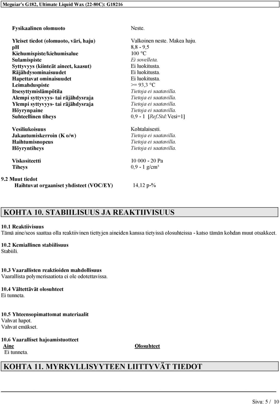 Leimahduspiste >= 93,3 C Itsesyttymislämpötila Alempi syttyvyys- tai räjähdysraja Ylempi syttyvyys- tai räjähdysraja Höyrynpaine Suhteellinen tiheys 0,9-1 [Ref.