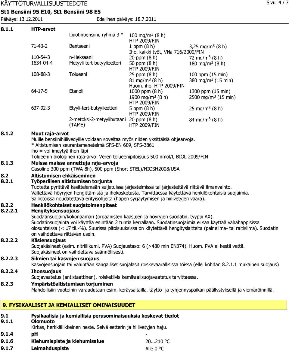 Metyylitertbutyylieetteri 50 ppm (8 h) 180 mg/m 3 (8 h) 108883 Tolueeni 25 ppm (8 h) 100 ppm (15 min) 81 mg/m 3 (8 h) 380 mg/m 3 (15 min) Huom.