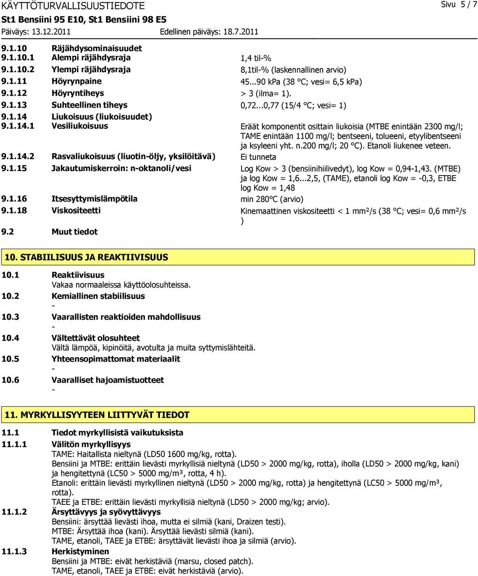 Liukoisuus (liukoisuudet) 9.1.14.1 Vesiliukoisuus Eräät komponentit osittain liukoisia (MTBE enintään 2300 mg/l; TAME enintään 1100 mg/l; bentseeni, tolueeni, etyylibentseeni ja ksyleeni yht. n.