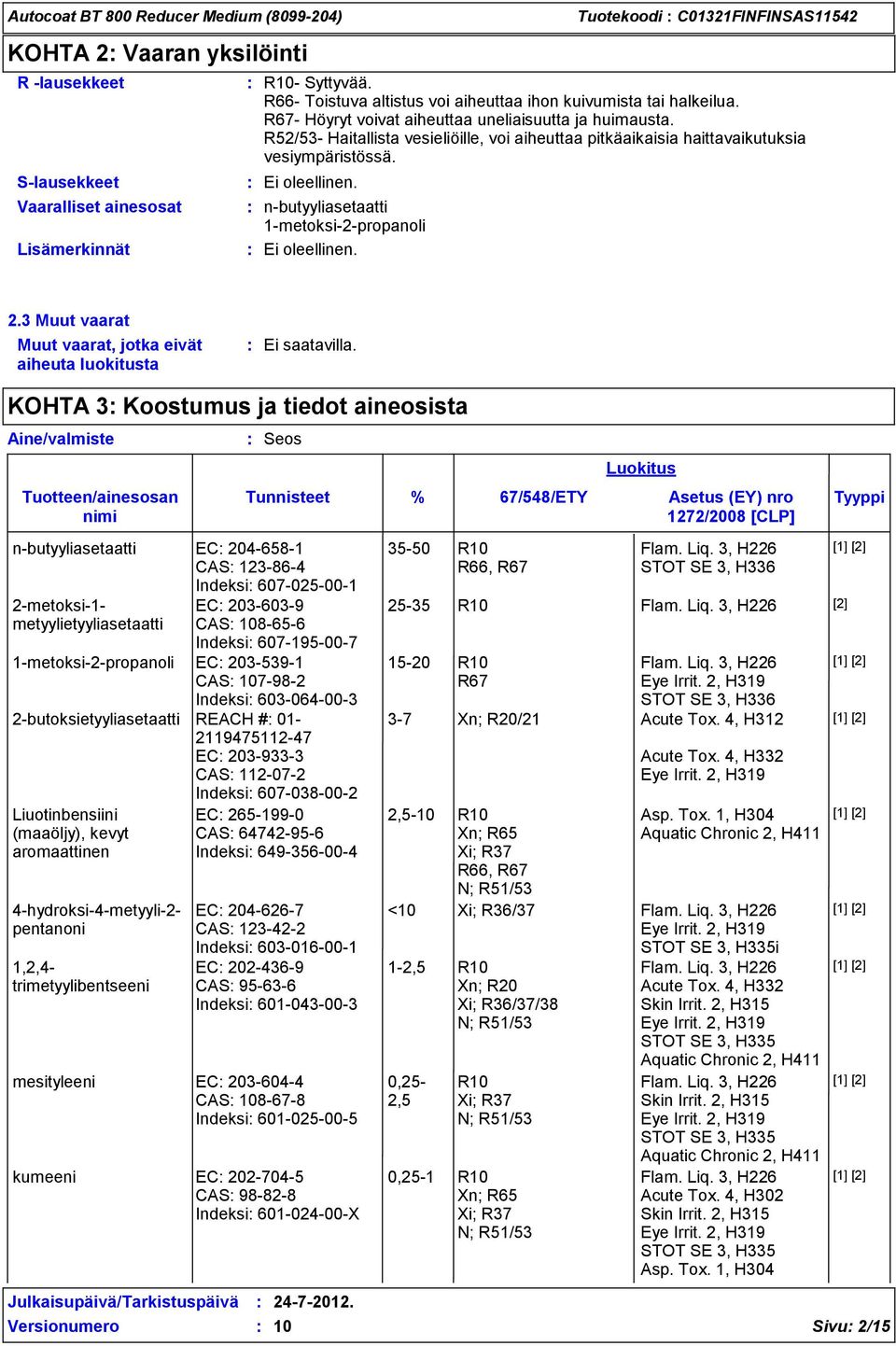R52/53- Haitallista vesieliöille, voi aiheuttaa pitkäaikaisia haittavaikutuksia vesiympäristössä. n-butyyliasetaatti 1-metoksi-2-propanoli Ei oleellinen. 2.