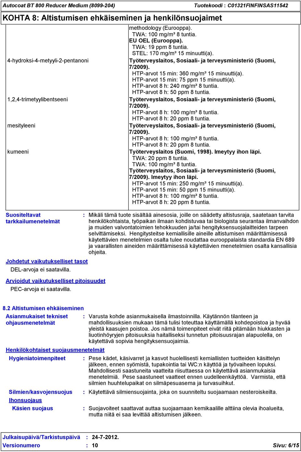 TWA 19 ppm 8 tuntia. STEL 170 mg/m³ 15 minuutti(a). 7/2009). HTP-arvot 15 min 360 mg/m³ 15 minuutti(a). HTP-arvot 15 min 75 ppm 15 minuutti(a). HTP-arvot 8 h 240 mg/m³ 8 tuntia.