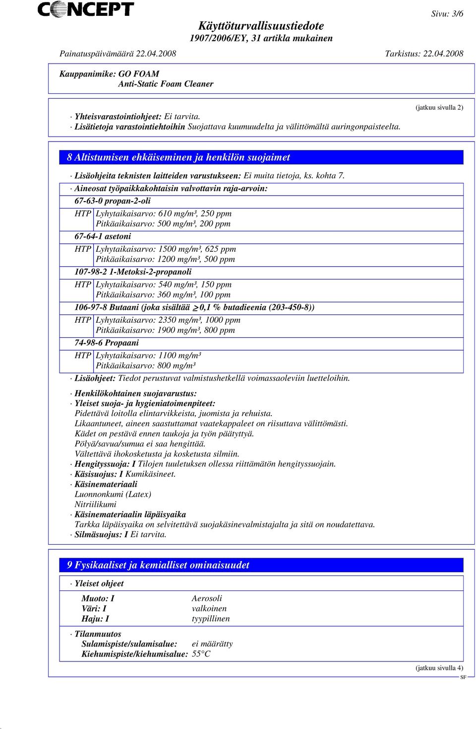 Aineosat työpaikkakohtaisin valvottavin raja-arvoin: 67-63-0 propan-2-oli HTP Lyhytaikaisarvo: 610 mg/m³, 250 ppm Pitkäaikaisarvo: 500 mg/m³, 200 ppm 67-64-1 asetoni HTP Lyhytaikaisarvo: 1500 mg/m³,