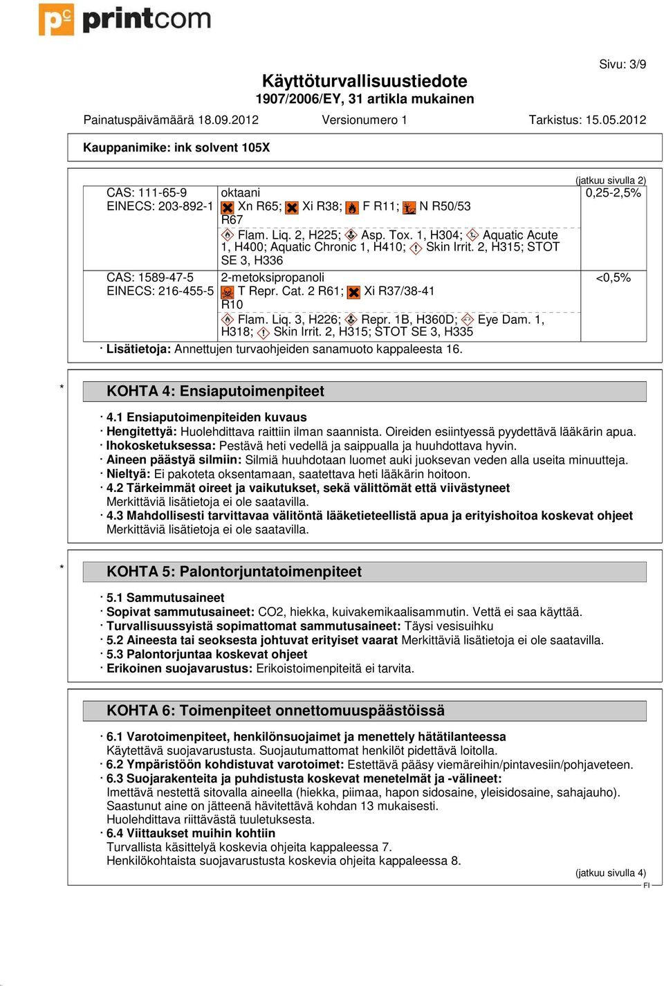 1, H318; Skin Irrit. 2, H315; STOT SE 3, H335 Lisätietoja: Annettujen turvaohjeiden sanamuoto kappaleesta 16. (jatkuu sivulla 2) 0,25-2,5% <0,5% * KOHTA 4: Ensiaputoimenpiteet 4.