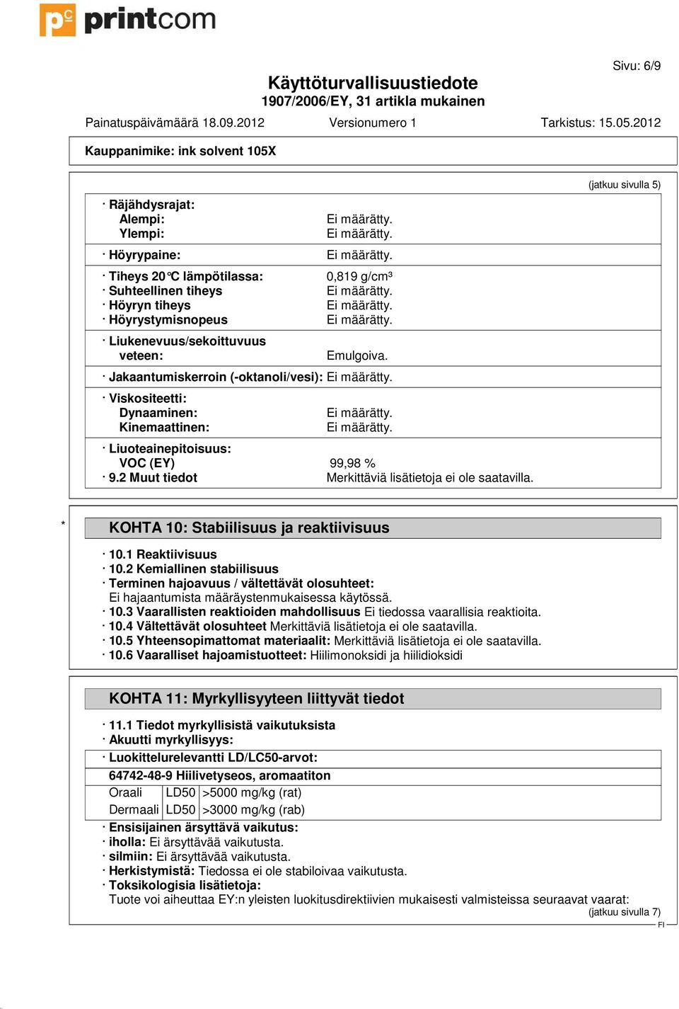 (jatkuu sivulla 5) * KOHTA 10: Stabiilisuus ja reaktiivisuus 10.1 Reaktiivisuus 10.