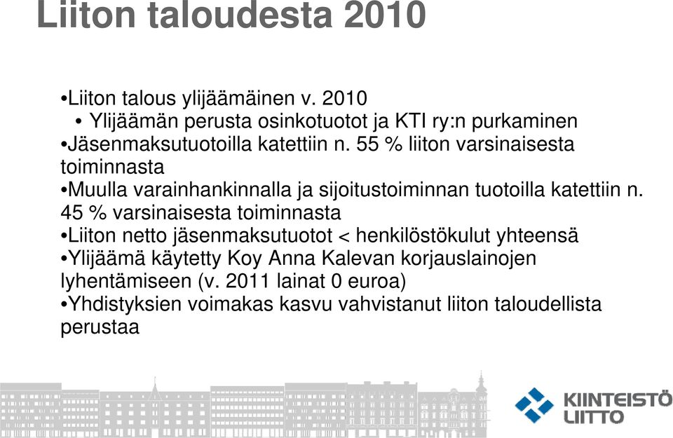 55 % liiton varsinaisesta toiminnasta Muulla varainhankinnalla ja sijoitustoiminnan tuotoilla katettiin n.