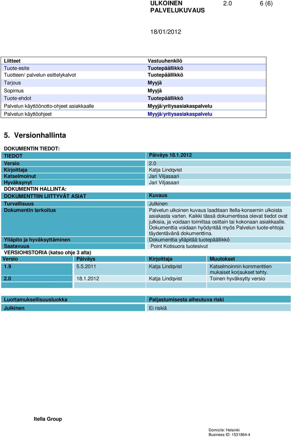 0 Kirjoittaja Katja Lindqvist Katselmoinut Jari Viljasaari Hyväksynyt Jari Viljasaari DOKUMENTIN HALLINTA: DOKUMENTTIIN LIITTYVÄT ASIAT Kuvaus Turvallisuus Julkinen Dokumentin tarkoitus Palvelun