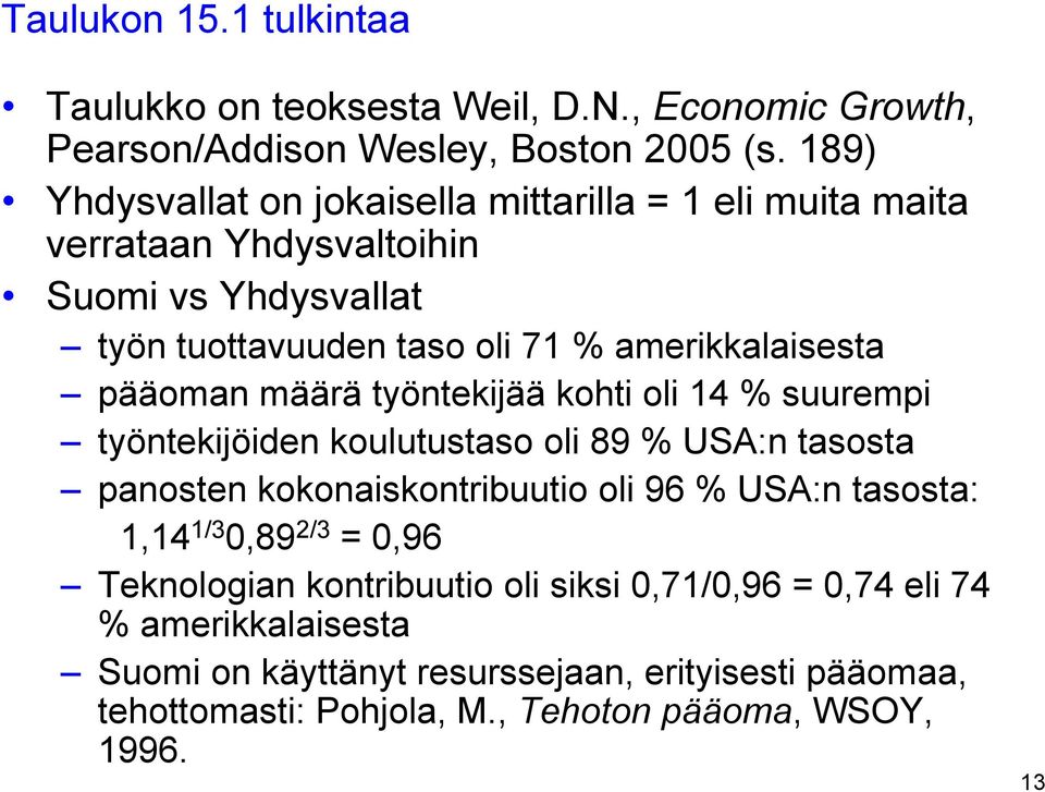 pääoman määrä työntekijää kohti oli 14 % suurempi työntekijöiden koulutustaso oli 89 % USA:n tasosta panosten kokonaiskontribuutio oli 96 % USA:n tasosta: 1,14